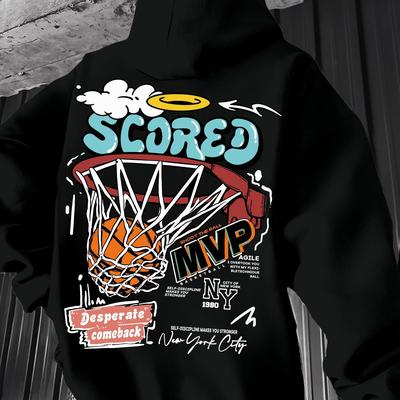 TEMU Spring/fall Casual Mvp Basketball Graphic Hoodie For Men - Knitted Fabric Regular Fit With Stretch - Polyester & Elastane , Geometric-pattern, Hooded Pullover - Fashion Sportswear Image