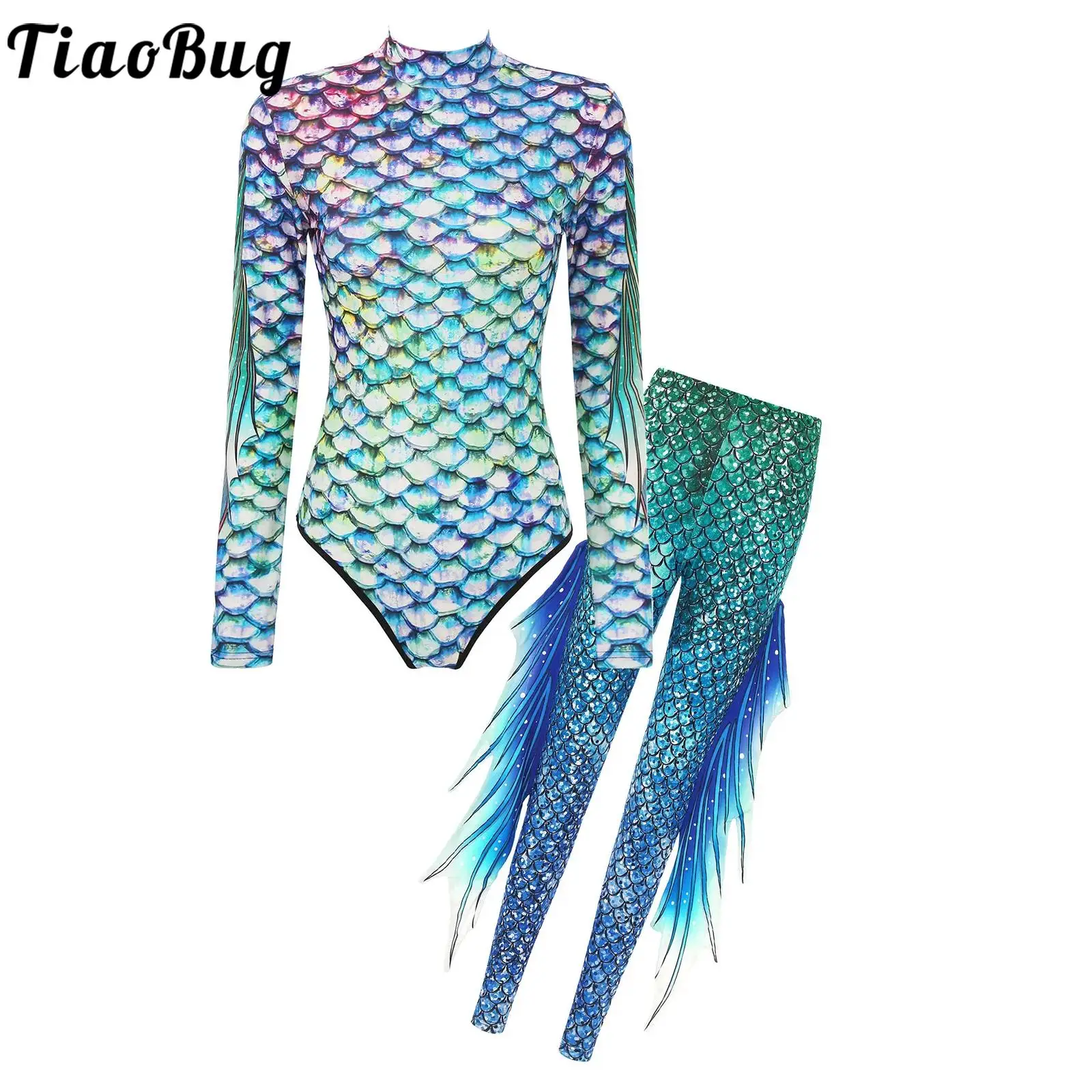 Damen-Meerjungfrau-Kostüm-Outfits, 3D-Fischschuppen-Druck, langärmeliger Badeanzug, Body, Oberteil und Meerjungfrau-Leggings, Bademode, Strandmode Image