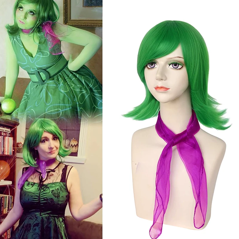 12-inch women's movie cosplay Halloween festival anime costume wig, short green synthetic wig with ribbon two-piece set, natural Image