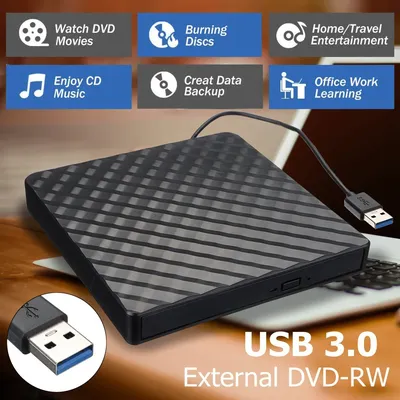 Black and White Ultra-thin External DVD RW CD Writer Drive, Burner, Reader, Portable Stereo Texture