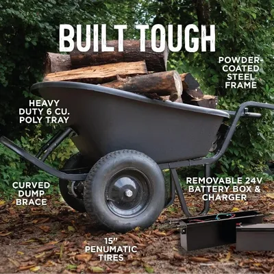 Electric Wheelbarrow Powered Utility Cart 350 LBS Capacity and 6 Cu FT Poly Tray 8 Hour Battery Life