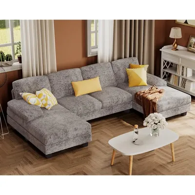 Sectional Sofa for Living Room, U-Shaped Couch with Linen Fabric, 4 Seat Couches Set with Double