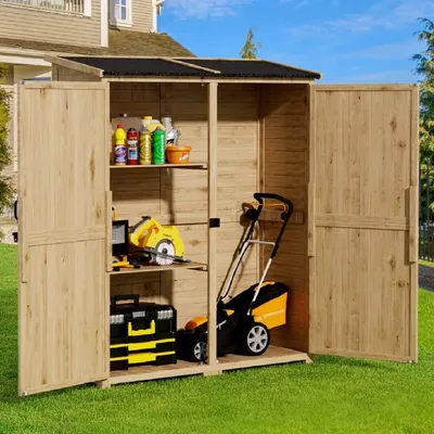Outdoor Storage Cabinet with Waterproof Roof, Double Lockable Doors Garden Shed with 2 Removable