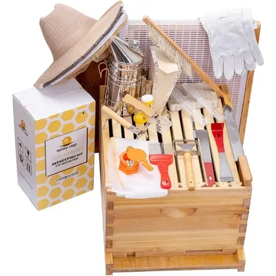 8 Frame Bee Hive Starter Kit and Beekeeping Supplies with Beehive Tool Kit Includes Bee Smoker