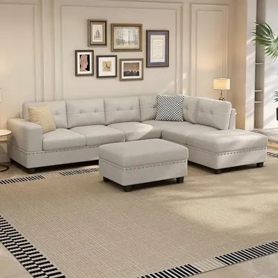 Sectional Sofas Reversible Sectional Sofa Couch with Ottoman,Polyester L-Shape Couch with 2 Pillows