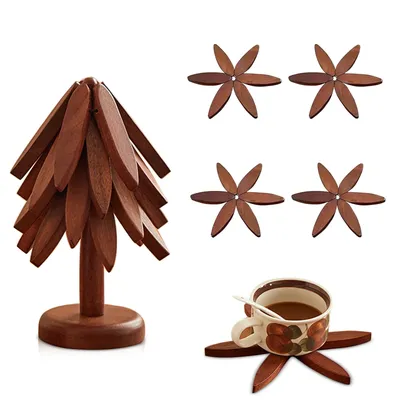 Walnut Color Wooden Tree Trivet – Heat Resistant Collapsible Coasters For Kitchen Table, Pots,