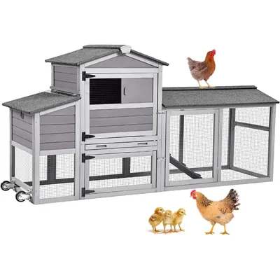 80in Chicken Coop Mobile Hen House Outdoor Wooden Poultry Cage with Wheels Nesting Box Run