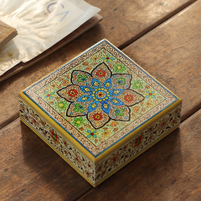 'Hand-Painted Floral-Themed Papier Mache Wood Decorative Box'
