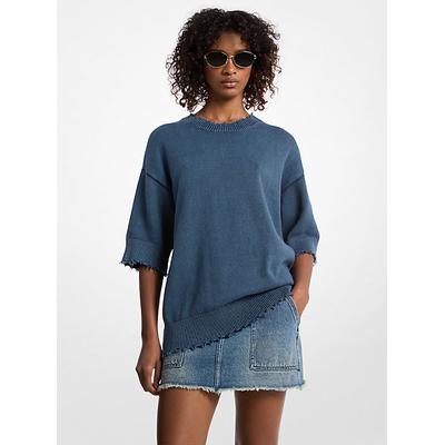 Michael Kors Distressed Garment-Dyed Cotton and Cashmere Blend Sweater Blue S-M