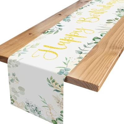 TEMU 1pc Linen Happy Birthday Table Runner, Green Leaves & Eucalyptus Design, Rectangular Woven Table Decoration For Home & Party, In 13x48/13x72/13x108 Inches Image