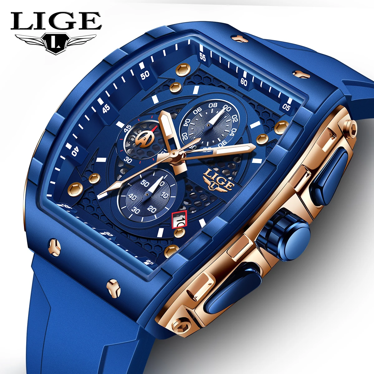 LIGE Orologi da uomo delle migliori marche Orologio da polso al quarzo quadrato di lusso Orologio cronografo luminoso impermeabile per uomo Orologio con data