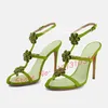 Edelsteine Blumen grüne Sandalen Frauen schlanke T-Strap Bling Luxus schuhe Laufstege neue lässige Party Sommer gelbe Sandalen