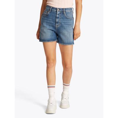Shorts TOMMY JEANS "MOM SHORT BI0134", Damen, Gr. 31, N-Gr, blau (denim medium), Denim/Jeans, Obermaterial: 99% Baumwolle, 1% Elasthan, unifarben, casual, normal kurz, Hosen, mit Logo-Badge, in blauer Waschung Image