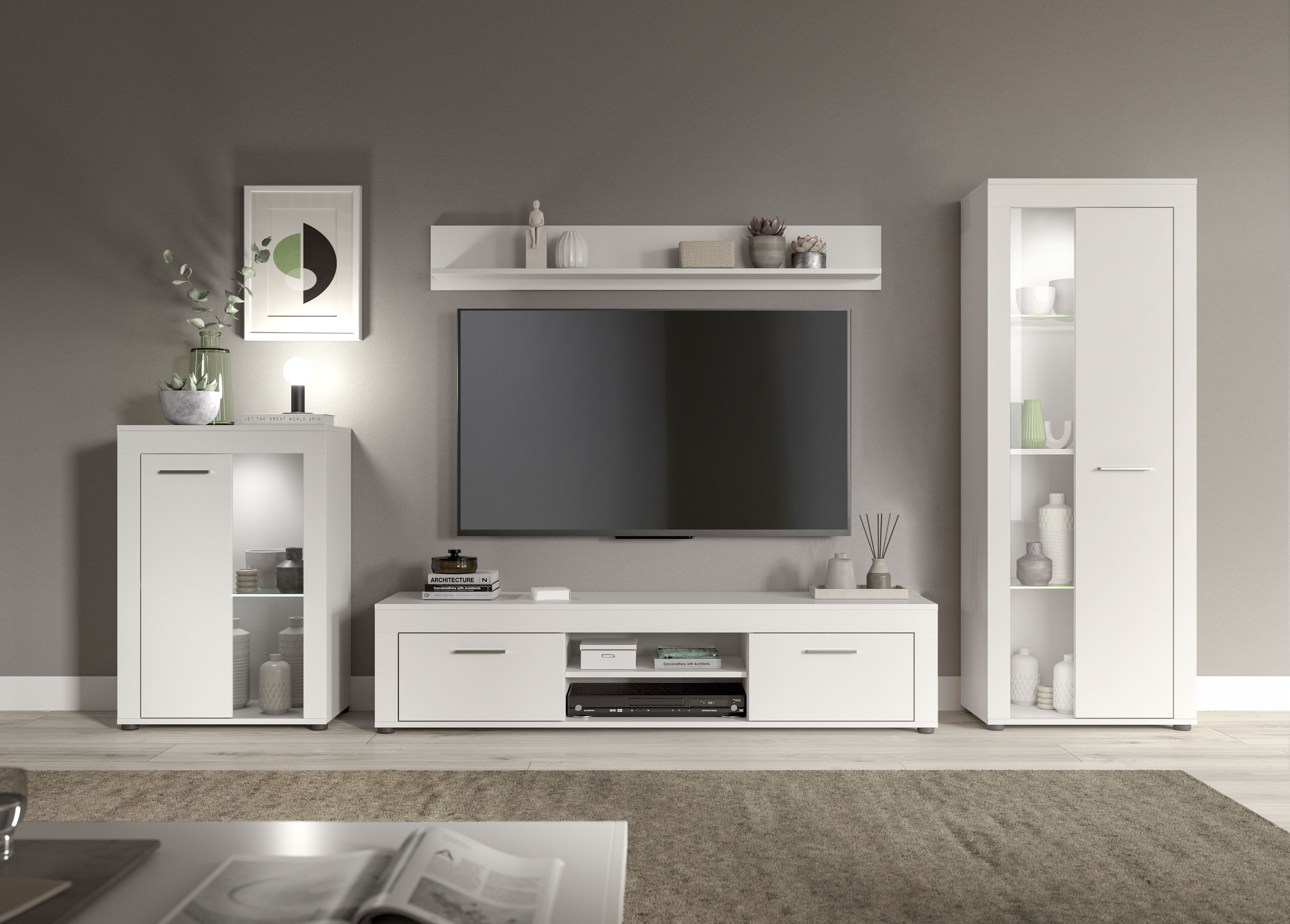 Wohnwand INOSIGN "Aosta, 4-tlg., best. aus: Vitrine, Lowboard, Wandboard & Vitrine hoch", weiß (weiß, weiß), B:330cm H:159cm T:40cm, Holzwerkstoff, Kastenmöbel-Sets, Wohnwand, Kombination, Anbauwand, Möbel Set, Schrankwand, Möbel Kombi