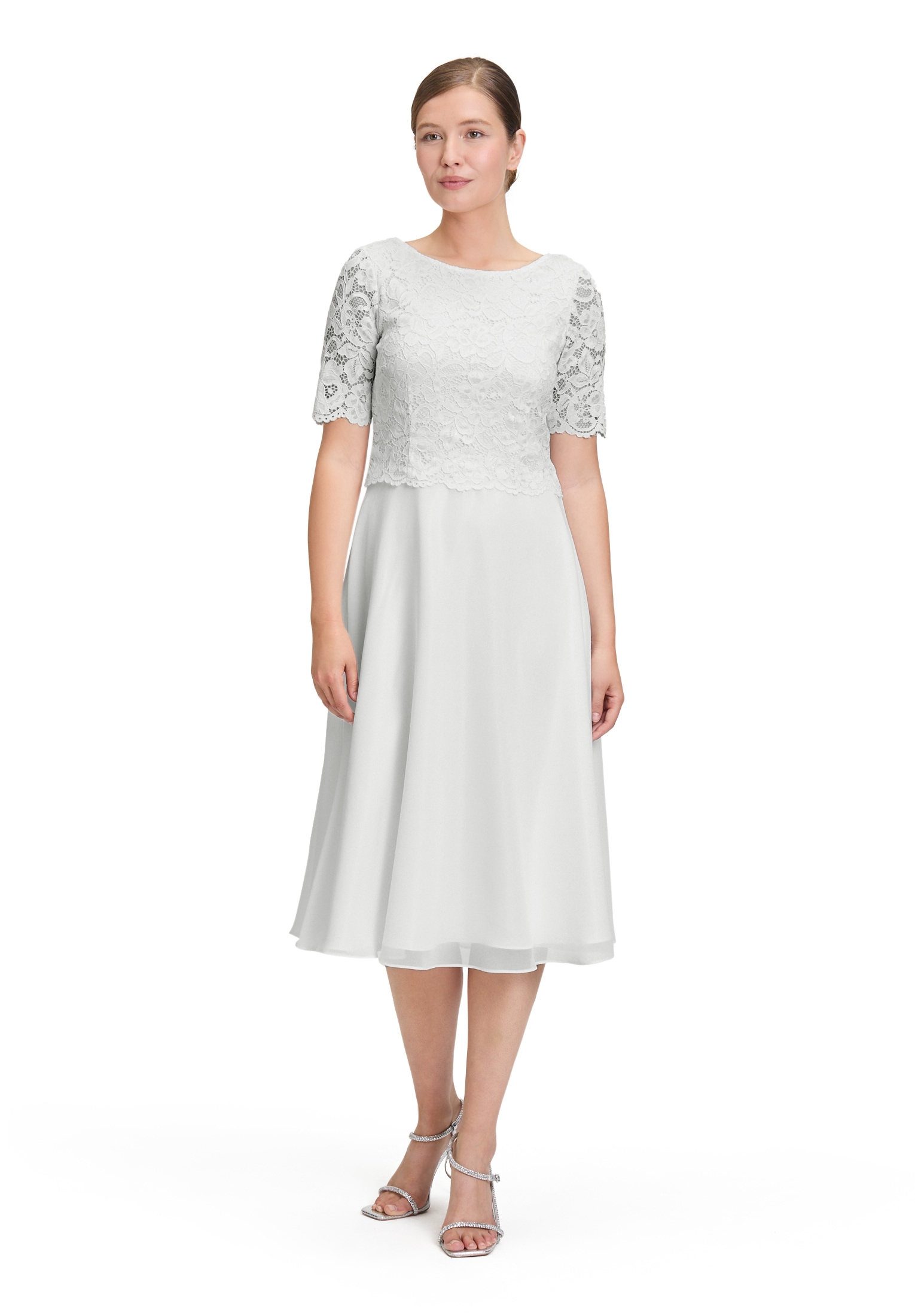 Cocktailkleid VERA MONT "Damen mit Spitze", Damen, Gr. 40, Normalgrößen, weiß (rohweiß), Obermaterial: 100% Polyester; Futter: 100% Polyester, ausgestellt kurz, Rundhals, Kleider, Spitze
