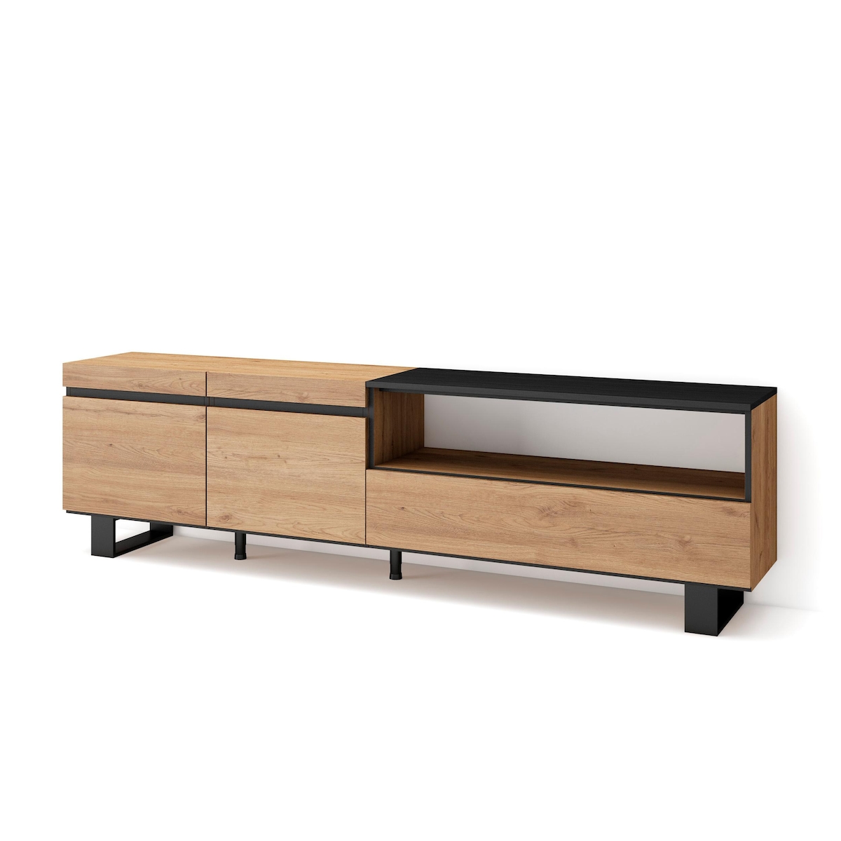 SKRAUT HOME Wohnzimmer-TV-Schrank, Viel Stauraum, 200x35x57cm, Für TV-Geräte bis 80“, Industriedesign, Moderner Stil, Eiche und Schwarz - 46_26 Image