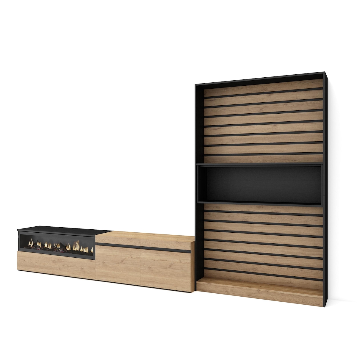 SKRAUT HOME Wohnzimmer-TV-Schrank, Wohnzimmer-Wandsystem, 310x35x186cm, Für TV-Geräte bis 80“, Elektrischer Kamin, Moderner Stil, Eiche und Schwarz _ 97_55 Image