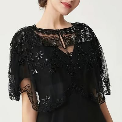 TEMU 1pc Elegant 1920s Style Beaded Sequin Shawl - Polyester Vintage Lace , Embroidered Decorative Wrap For Weddings, Evening Gowns, And Formal Events, 100% Polyester, Hand Wash Only Image