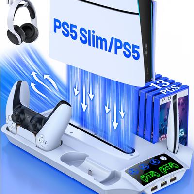 TEMU Quiet Cooling Ps5 Stand With Dual Controller , Headset Holder & 3 Usb Ports - Compatible With Slim, Disc & Digital | Adjustable Fan Speed (strong/medium/normal), For Gaming Experience