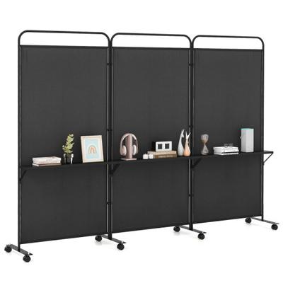 Costway 3-Panel Folding Room Divider with 3 Metal Shelves and Lockable Wheels-Black