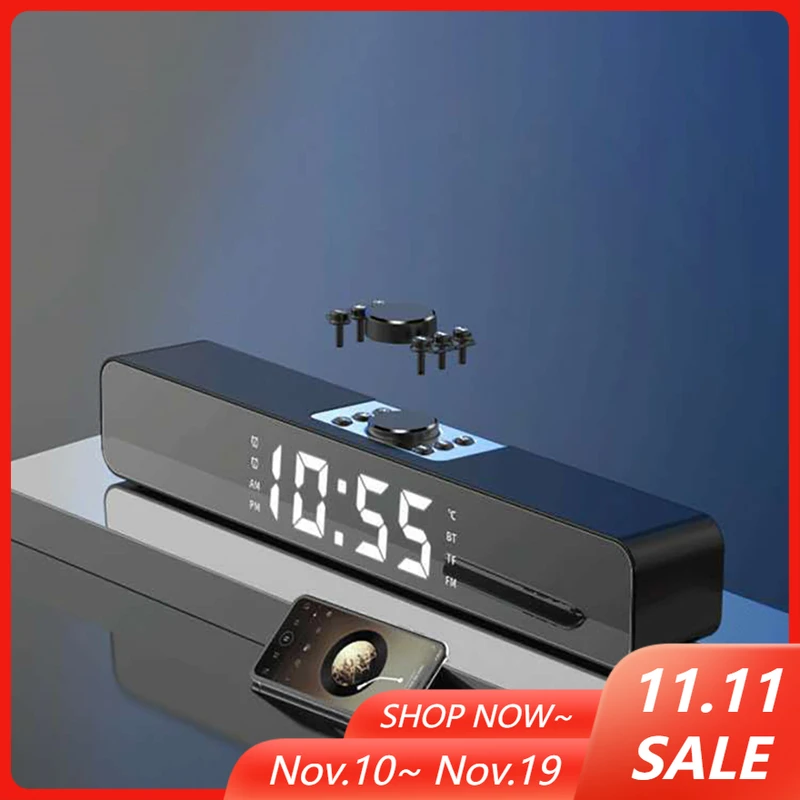 PC TV multimédia miroir Surround barre de son haut-parleur Radio caisson de basses avec affichage LED réveil maison horloge Compatible-Bluetooth