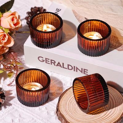 TEMU 4-pack Amber Glass Tealight Candle Holders, Polished Finish, Tabletop Mounting, Candle Holders For Home Decor, Table Centerpieces, Wedding, Birthday Party Decorations Image