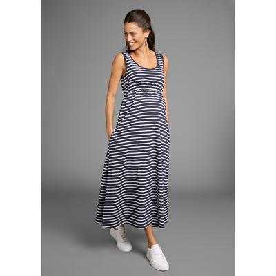Umstandskleid NEUN MONATE "Langes Schwangerschaftskleid", Damen, Gr. 42, N-Gr, blau (blau geringelt), Single Jersey, Obermaterial: 95% Baumwolle, 5% Elasthan, geringelt, modisch, Rundhals, ohne Ärmel, Kleider, Jersey-Kleid für Schwangerschaft und... Image