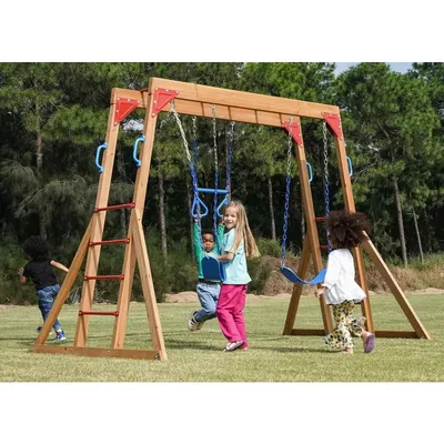 Dolphin Playground Wood Swing Sets for Backyard with Monkey Bar, Kids Outdoor Play Equipment,