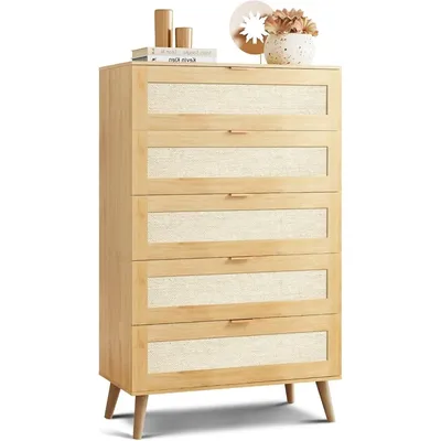 5 Drawer Dresser for Bedroom,Wood Dresser Storage with Rattan Drawers,Gold Metal Handle,Natural