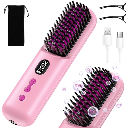 HOMELYLIFE Cordless Hair Straightener Brush, Portable Hair Straightener Brush for Travel, Negative Ion 9600mAh USB Rechargeable Heated Straightening Brush Hot Comb for Women Beard Straightener for Men