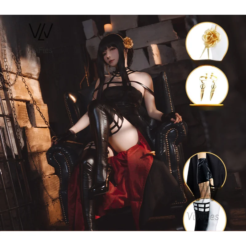 Anime Spy X Familie Yor Forger Cosplay Perücke Kleid Anzug Assassin Gothic Schwarz Rot Rock Outfit Uniform Yor Briar Ohrring Langes Haar