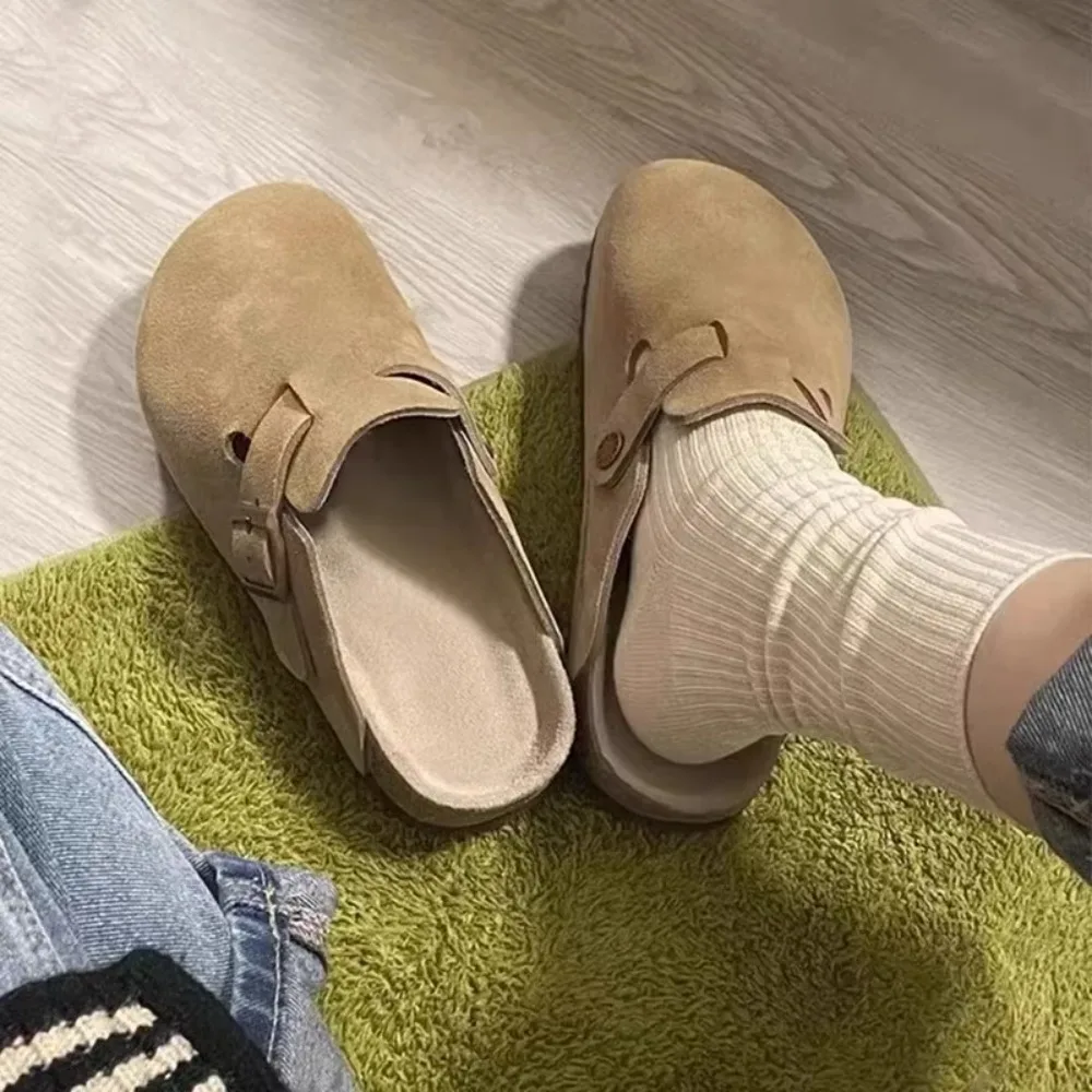 Neue Retro-Mode frauen Schuhe Einfarbig Weichen Sohlen Slingback Schuhe Runde Kappe Dicken Sohlen Wildleder Clogs Sandalen im freien Strand