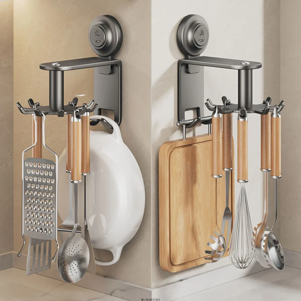 Suction Cup 360° Rotate Kitchen Hook Home Kitchen Items Punch-free Storage Rack Spoon 10 Hooks for Hanging Kitchen Accessories