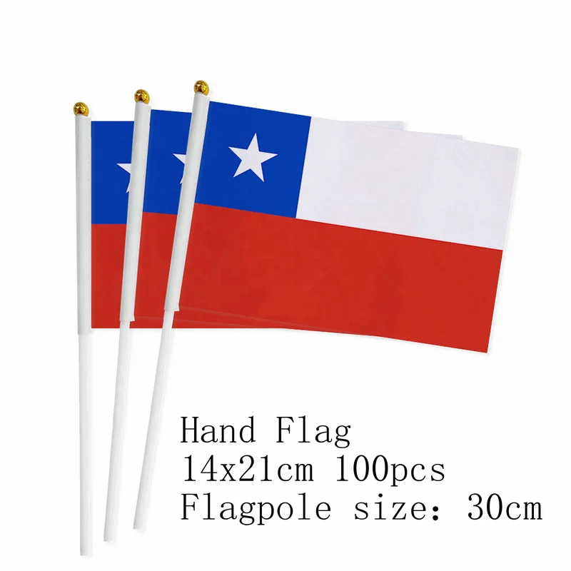 Chile-Handflagge, 14 x 21 cm, 10/20/50/100 Stück, Polyester, Chile, kleine handschwische Flagge mit Kunststoff-Fahnenmast zur Dekoration Image