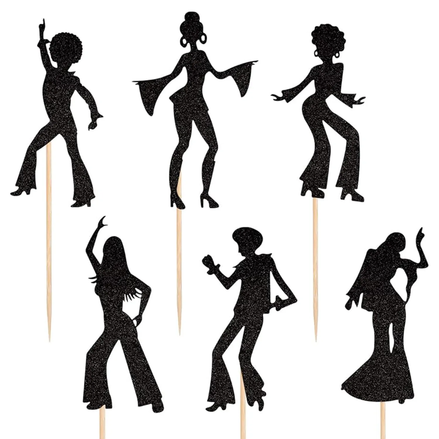 24 Stück 70er-Jahre-Disco-Cupcake-Topper, schwarzer Disco-Tanz-Cupcake für Musik, Disco-Thema, Hochzeit, Männer und Frauen, Geburtstag, Partyzubehör Image