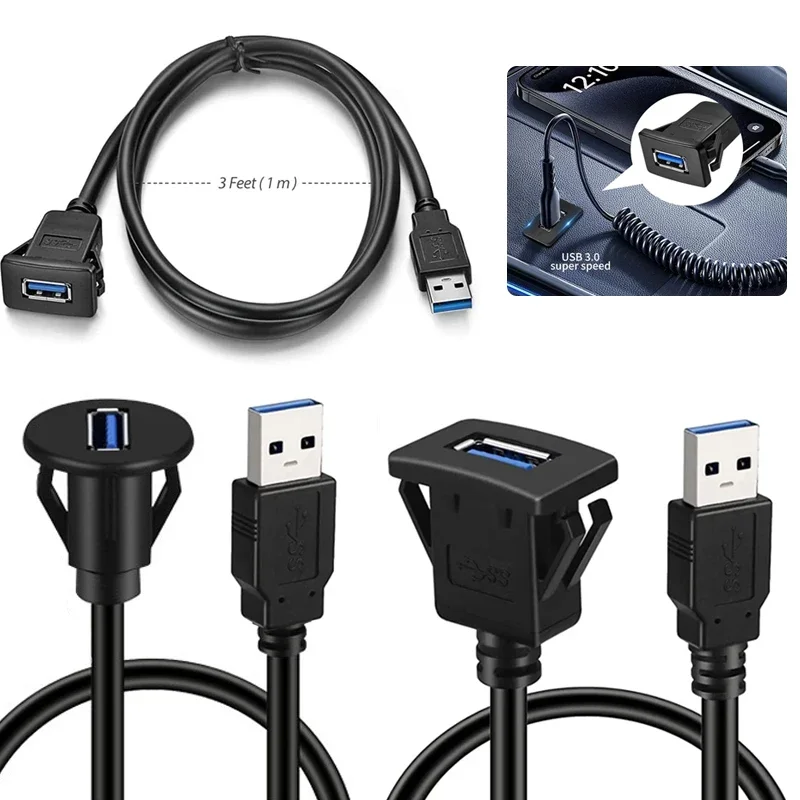 NEUES USB 3.0 2.0-Port-Stecker auf Buchse, wasserdichtes Verlängerungskabel für bündige Panelmontage mit Schnalle für Auto, LKW, Boot, Motorrad, 1 m Image