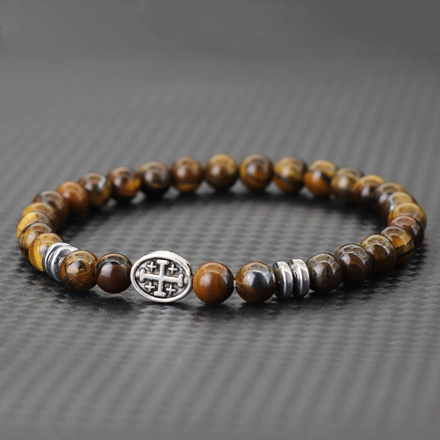 8 Stile Herren-Kreuz-Armband, 6 mm, natürliches Lava-Türkis, Tigeraugen-Stein-Armband, Heilige Mutter-Symbol, Wikinger-Perlen-Armband, Pulsera Image