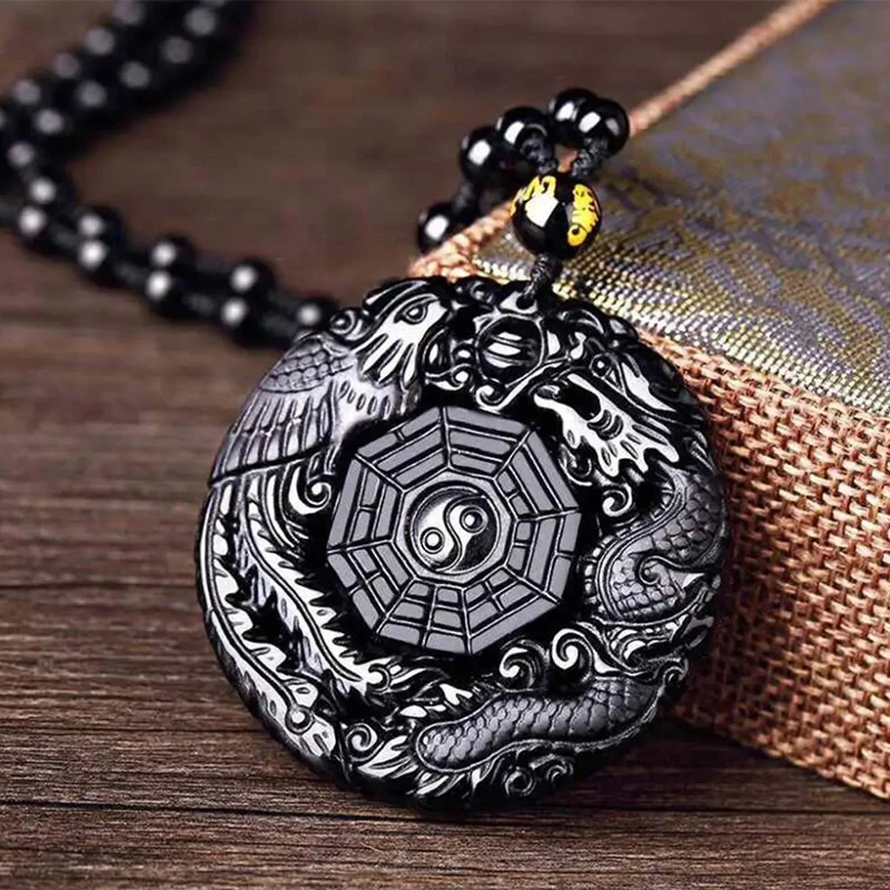 Natürliche schwarze Obsidian handgeschnitzte chinesische Drache Phoenix Vogel Amulett BaGua Halskette für Frauen Männer Glück Maskottchen Amulett Anhänger