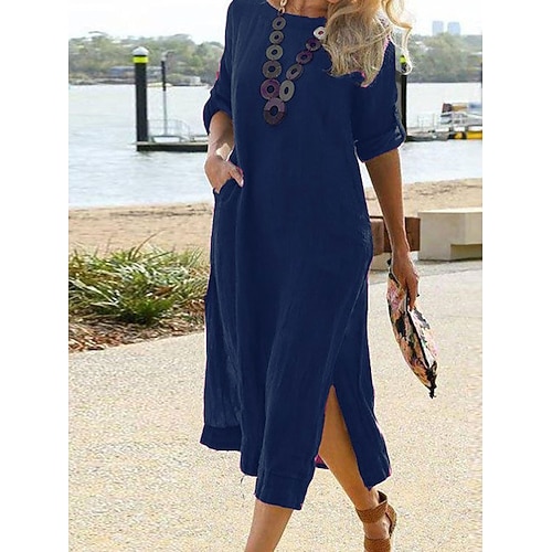Damen Midikleid Baumwoll Mischung Shiftkleid Freizeitkleid Elegant Basic Lässig Täglich Urlaub Normale Passform Einfach Langarm Rundhalsausschnitt Schwarz Rosa Dunkelblau Dunkelgray Frühling Herbst Image