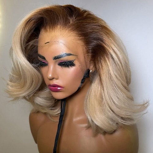 Remy Menschenhaar 5x5 Verschluss 13x4 Spitzenfront Perücke Bob Bubikopf Kurzer Bob Brasilianisches Haar Wellen Blond Perücke 130% 150% Haardichte mit Babyhaar Gefärbte Haarspitzen (Ombré Hair Image
