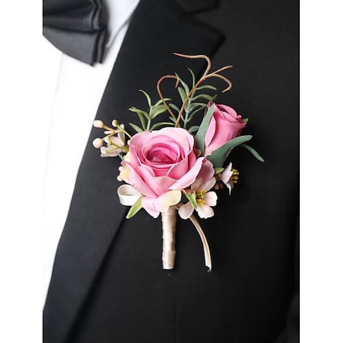 Ansteckblume und Ansteckblume fürs Handgelenk zur Hochzeit – elegante Blumenaccessoires aus künstlichen Rosen für den Bräutigam, die Trauzeugen, die Brautjungfern und besondere Anlässe Image