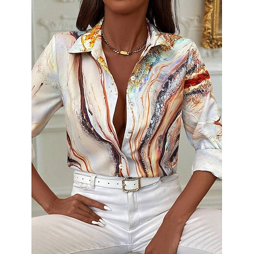 Damen Shirt Leinenoptik Atmungsaktiv Leicht Knopf-down Tunika Hemd Kragen Langarm Grafik Geometrisch Alltag Stilvoll Lässig Reguläre Tops Arbeit Alltag Druck Orange Frühling Herbst Winter Image
