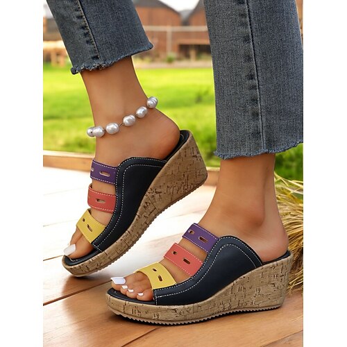 mehrfarbige Keilsandaletten für Damen – stylische offene Slide-Sandalen mit bequemem Plateau für lässige Sommer-Outfits Image