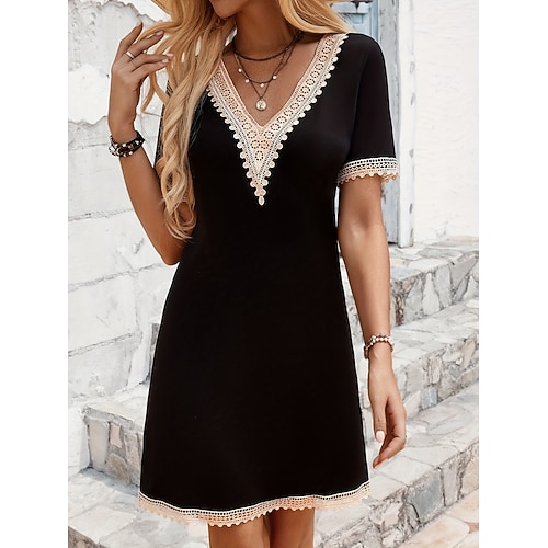 Damen Minikleid schwarzes kleid Freizeitkleid Cocktailkleid Abendkleid Stilvoll Lässig Täglich Urlaub Normale Passform Einfarbig Kurzarm V Ausschnitt Schwarz Sommer Image