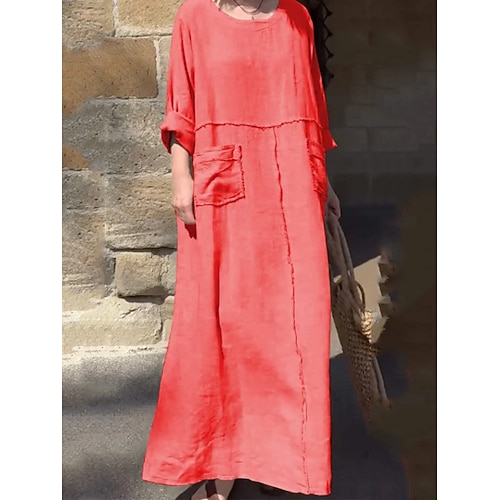 Damen Maxikleid Leinenmischung Shiftkleid Baumwoll-Leinen-Kleider Leinenkleid Basic Lässig Täglich Urlaub Normale Passform Einfach Langarm V Ausschnitt Blau Schwarz Gelb Rote Frühling Herbst Image
