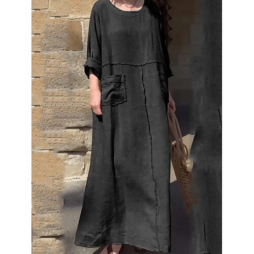 Damen Maxikleid Leinenmischung Shiftkleid Baumwoll-Leinen-Kleider Leinenkleid Basic Lässig Täglich Urlaub Normale Passform Einfach Langarm V Ausschnitt Blau Schwarz Gelb Rote Frühling Herbst Image