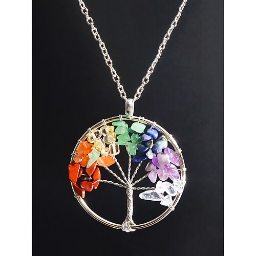 handgefertigte Halskette mit Lebensbaum-Anhänger – Legierungskette mit natürlichen Edelsteinperlen, böhmischer Energieheilungsschmuck für Frauen, spirituelles Geschenk für Yoga Meditation Image