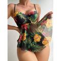 Damen Badeanzug Tankini 2 Stück Cheeky-Bikinihose Bademode Rückenfrei Hohe Taillenlinie Urlaub Strandbekleidung Blumen V Ausschnitt Ärmellos Badeanzüge