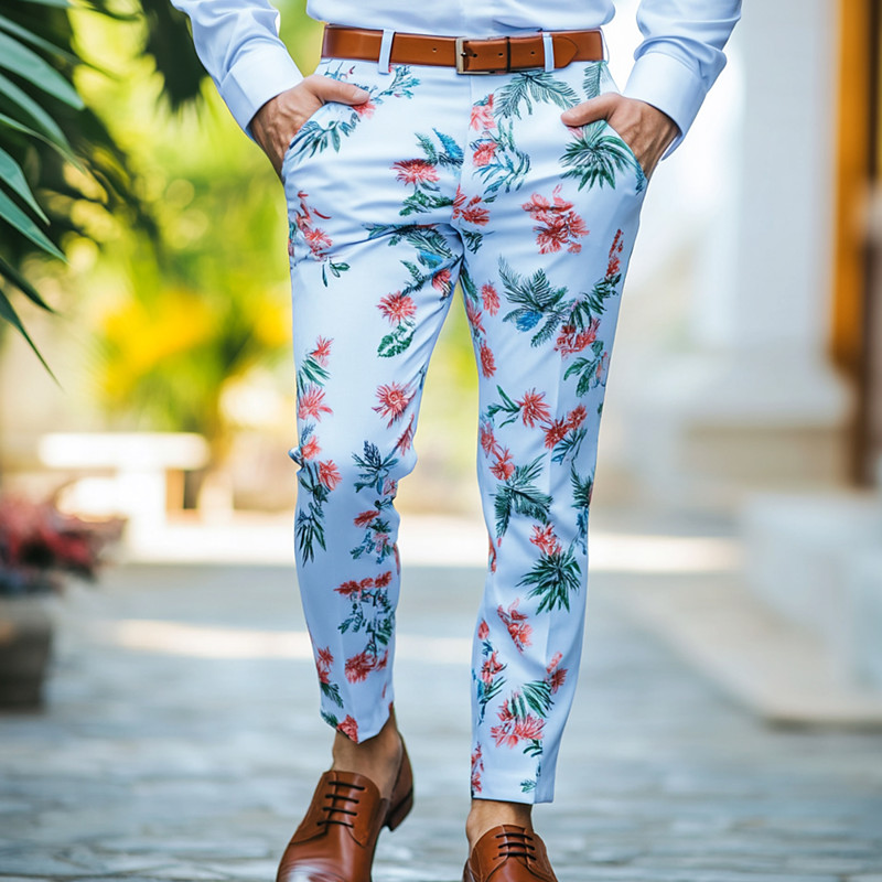 Men's Floral Plants Flowers Dress Pants Trousers Mid Waist Business Casual Outdoor Vacation Streetwear with Pockets Slim Fit Flat-Front Summer Spring 3D Print Blue