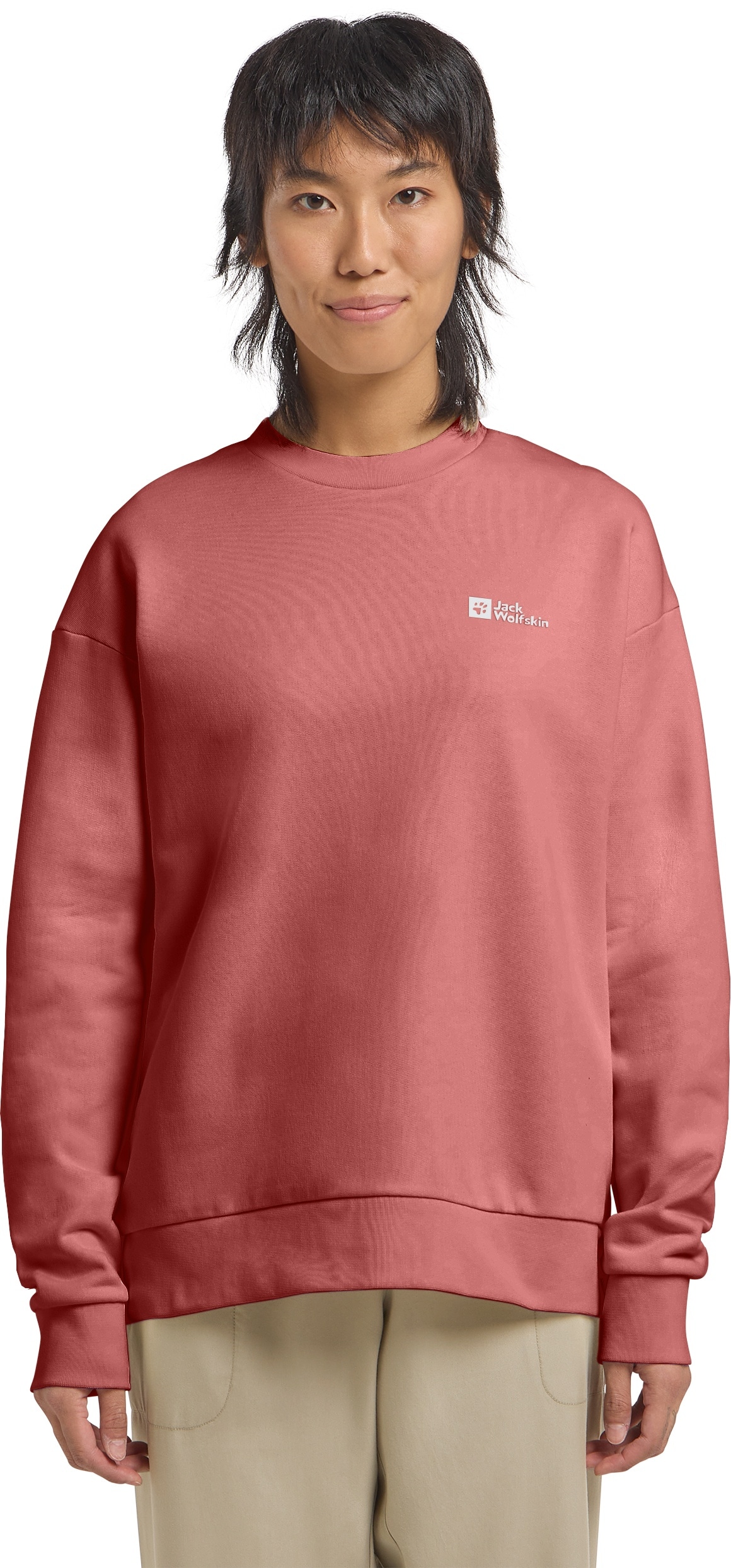 Langarmshirt JACK WOLFSKIN "ESSENTIAL CREWNECK W", Damen, Gr. S (36), rot (mineral, rot), Oberstoff: 100% BAUMWOLLE ; Kontrastmaterial 1: 95% BAUMWOLLE, 5% ELASTHAN; Kontrastmaterial 2: 100% BAUMWOLLE, Shirts Langarmshirt